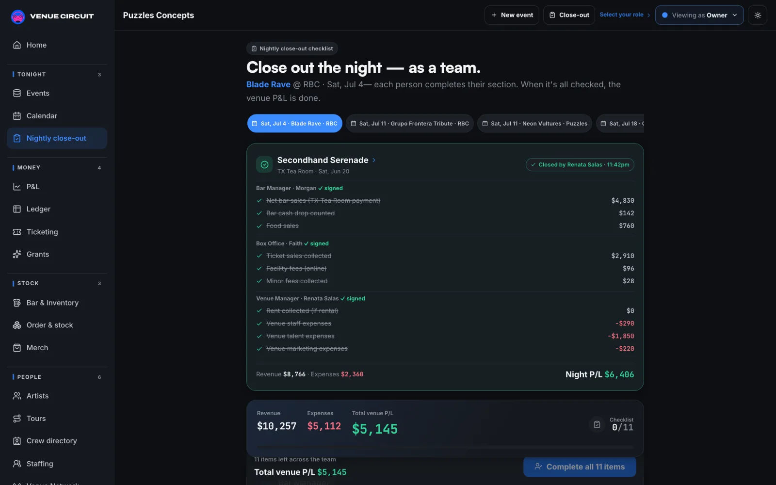 VenueCircuit night settlement — venue P&L and promoter recap from one entry